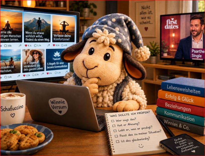 Winnie sitzt am Laptop und hinterfragt Lebensweisheiten, Internet-Gurus und vermeintlich gute Ratschläge aus sozialen Medien.