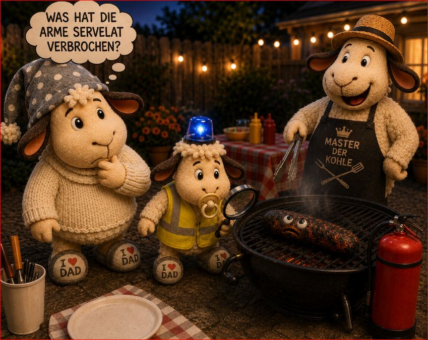 Winnie betrachtet nachdenklich eine fast verkohlte Cervelat auf dem Grill und fragt sich, was die arme Cervelat verbrochen hat.