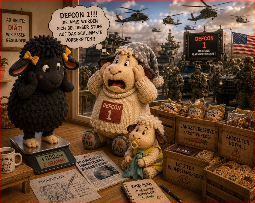 Hilde steht wegen zwei Gramm Gewichtszunahme auf der Waage, während Winnie DEFCON 1 ausruft und sich mit Karottenkeksen auf die Katastrophe vorbereitet.