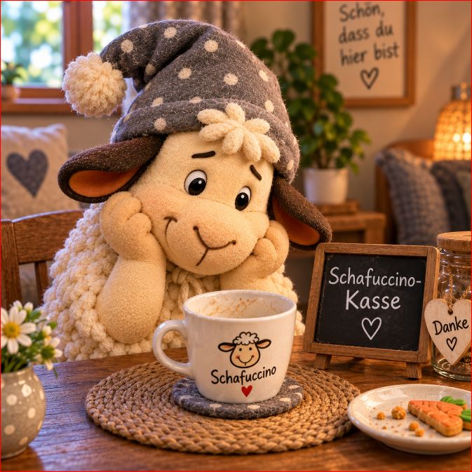 Winnie sitzt vor seiner leeren Schafuccino-Tasse und wartet darauf, dass ihm jemand einen neuen Schafuccino spendiert.