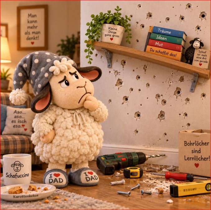 Winnie betrachtet kritisch sein schiefes Regal und eine Wand voller Bohrlöcher und lernt, sich wegen eines Fehlschlags nicht selbst kleinzureden.