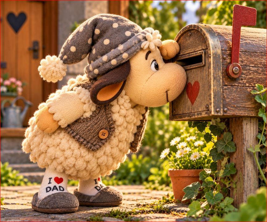 Winnie, das Schaf mit der grauen Zipfelmütze, schaut neugierig in einen hölzernen Briefkasten und wartet auf Nachrichten seiner Leser.
