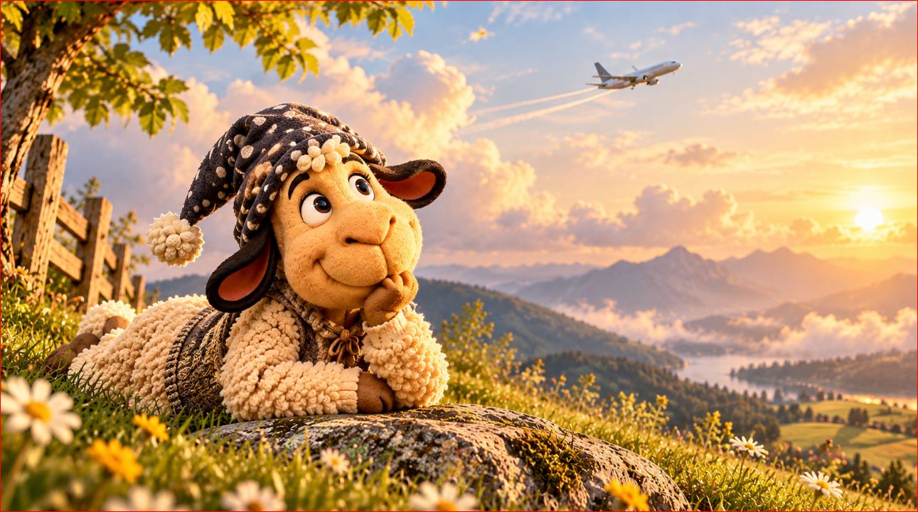 Winnie aus dem WinnieVersum sitzt zwischen Blumen auf einer Wiese. Über der Berglandschaft fliegt ein Flugzeug durch den Abendhimmel.