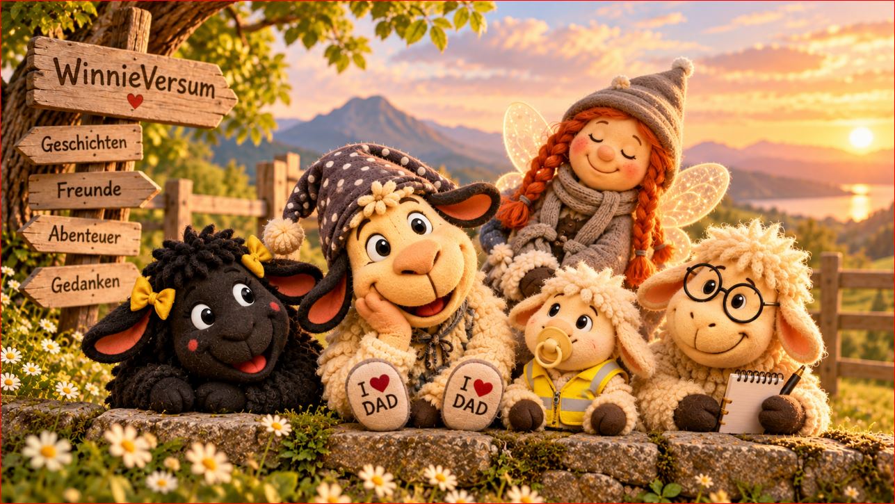 Winnie das Schaf sitzt mit seinen Freunden, darunter Hilde, Pfüddi, Möbi und die Schnürpelfee, zwischen bunten Herbstblättern. Im Hintergrund sind Berge und ein warmer Sonnenuntergang zu sehen.