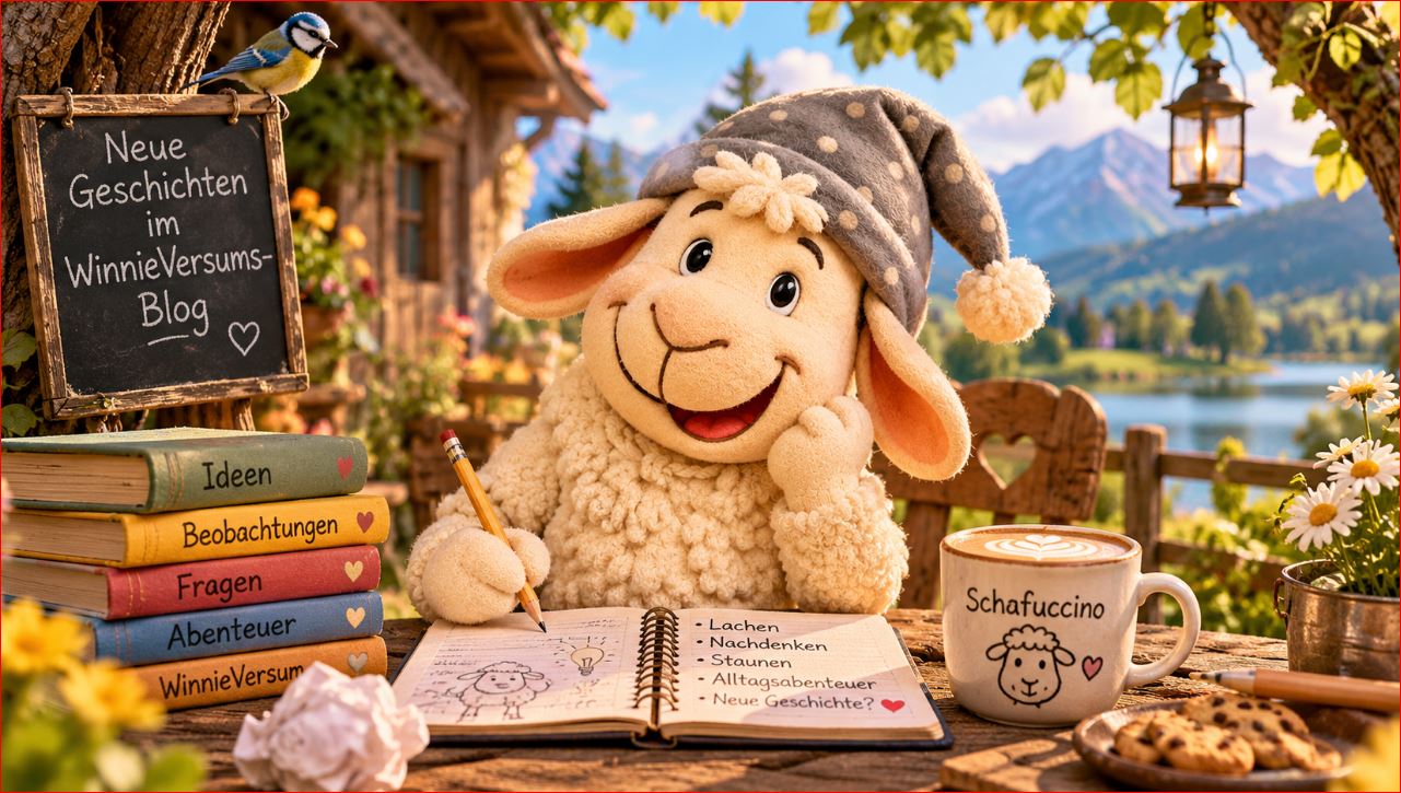 Winnie aus dem WinnieVersum sitzt mit seiner grauen Zipfelmütze an einem Holztisch und schreibt in ein aufgeschlagenes Buch. Im Hintergrund sieht man einen gemütlichen Garten.