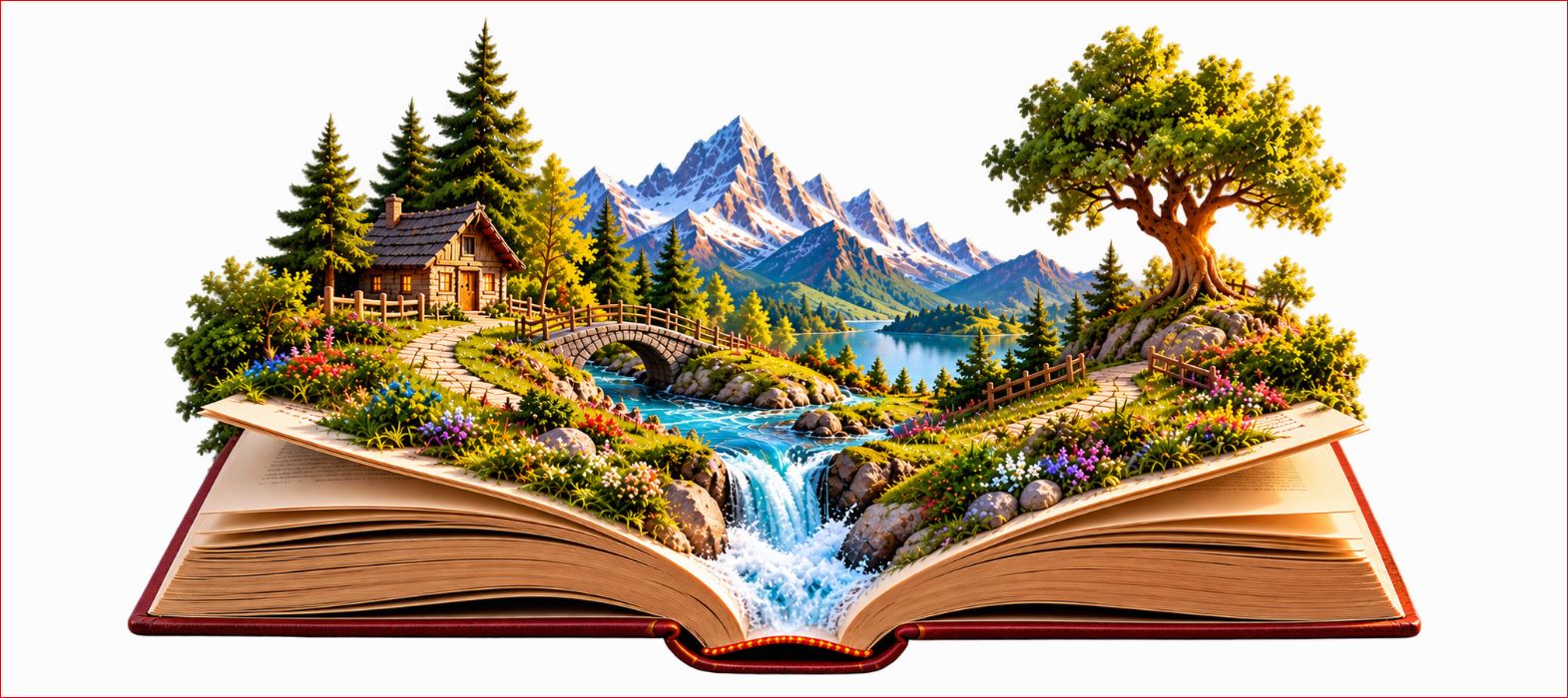 Aufgeschlagenes Buch, aus dessen Seiten eine fantasievolle Miniaturlandschaft mit Bergen, Wäldern und einem Fluss emporwächst. Illustration der Bücherwelt des WinnieVersums.